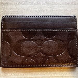Coach Men’s Slim Card Case Wallet Signature Embossed Leather Tobacco Brown